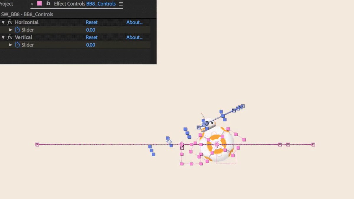 BTS of BB8 rig. Controls alter the texture map x&y pos and multiple nulls for general movement controls #madewithcyclops