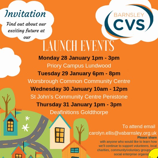 You're invited to @Barnsley_CVS launch events! We'd love to tell you about our plans, hear any suggestions and answer questions. It doesn't matter if we already work with you or not. Find out what we do and how we can help you and your organisation. Book now! #barnsleyisbrill