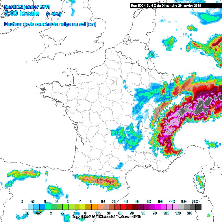 Episode de #neige désormais confirmé pour mardi.
Tenue au sol à l'Est d'une ligne #Rouen-#Blois, et notamment sur tout le quart Nord-Est (3/5cm, davantage sur #Champagne et #Ardennes). Petite couche temporaire possible à #Paris le matin (1/2cm).
Modèle ICON via @meteociel