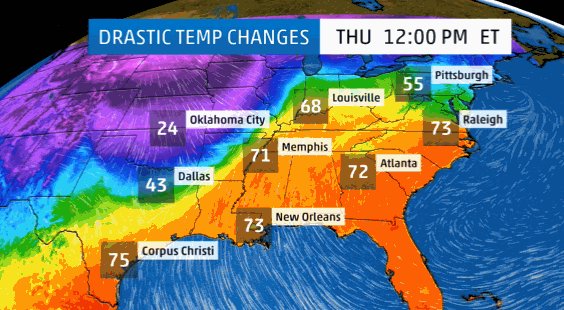 Not hard to spot the cold front. It's bringing chilly changes to parts of the South. Example: At noon, Memphis will be in the low 70s. By morning, expect 20s. Brrr! I'll let you know how long it'll last alongside @TevinWooten & @GregPostel on the @weatherchannel. 9am-1pm ET!