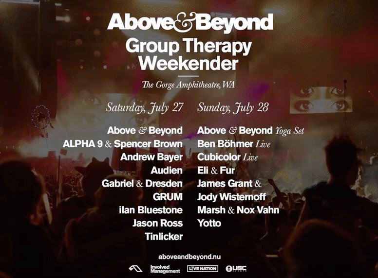Announcing the lineup for our inaugural Group Therapy Weekender at The Gorge.
On sale now: http://aboveandbeyond.nu/gtw
