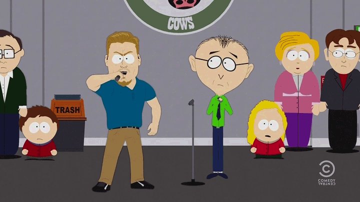 Clip from South Park of a man dropping his microphone and gi