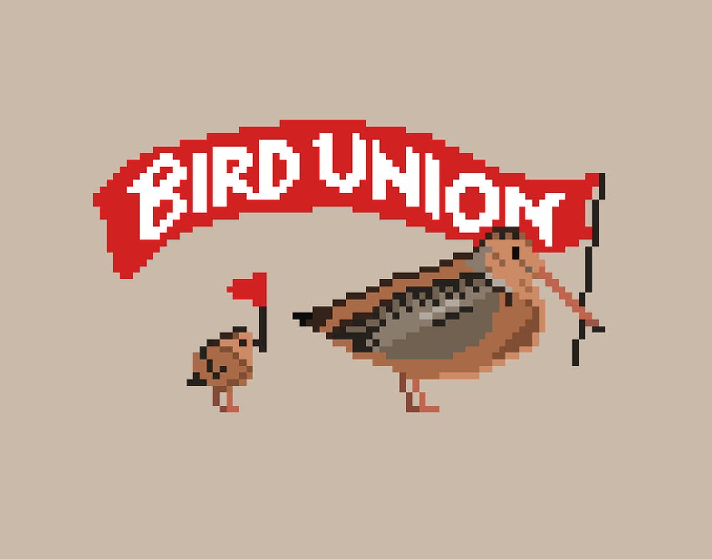 Animated gif of two American woodcocks dancing in place. The larger one is holding a red flag with big white letters in its bill. The flag reads “BIRD UNION.” The smaller bird is holding a tiny red flag.