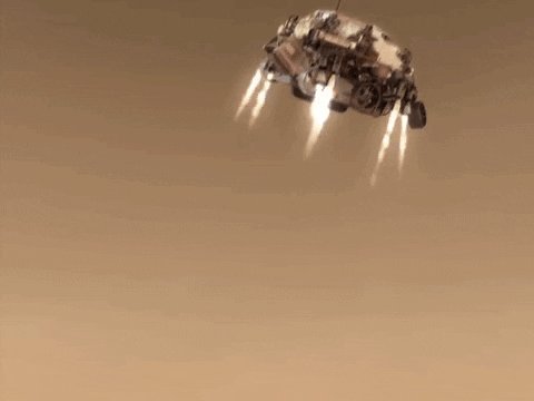 Artist's rendition of the Curiosity rover landing in its sky