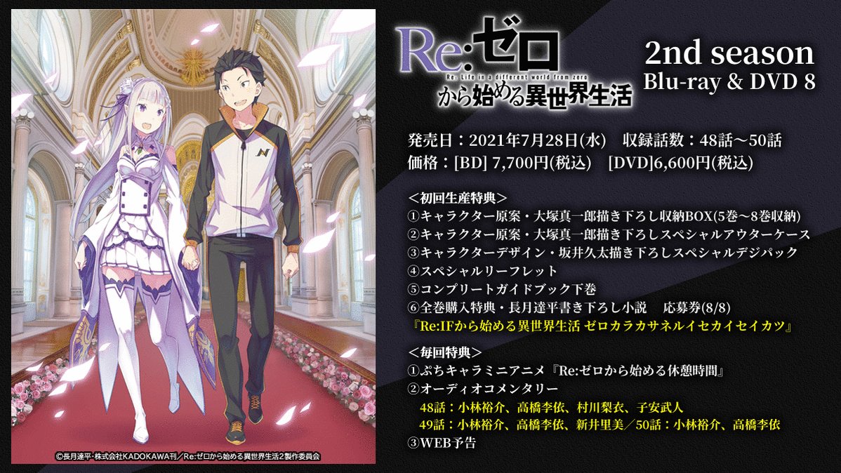Re ゼロから始める異世界生活 公式 Dvd8 7月28日 水 発売 Tvアニメ Re ゼロから始める異世界生活 2nd Season Dvd8 ジャケットを公開しました 今回はスバルとエミリアです 収納boxも後半クールで活躍したキャラが勢揃い いよいよ最終