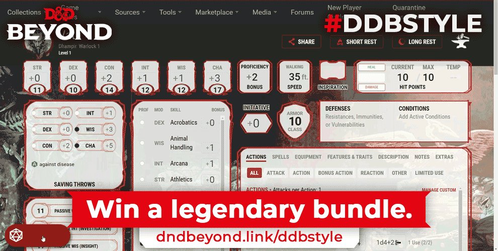Text reads: Win a legendary bundle: dndbeyond.link/ddbstyle. The image shows the sanguine dice set rolling across a character sheet.