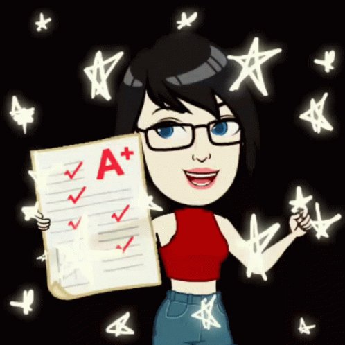 a cartoon girl holds up a A...