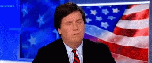 Tucker Carlson in front of a waving American flag video grap