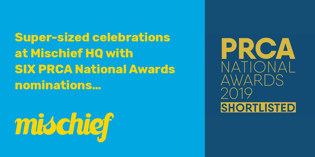 ENGINE Mischief (@mischiefpr) on Twitter photo 11/09/2019 09:12:13 Celebration time for the team with 6 nominations for @PRCA_UK National Awards! #PRCAAwards #shortlist2019👏 Celebration time for the team with 6 nominations for @PRCA_UK National Awards! #PRCAAwards #shortlist2019👏