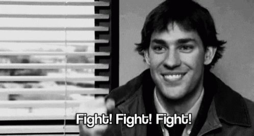 Listening to the school principal on the loud speaker telling kids not to fight when there is a conflict...Me yelling over the wall....