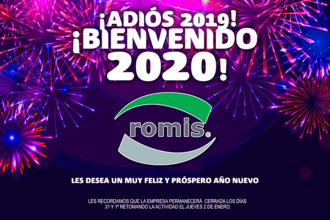 ¡Muy Feliz 2020 les desea ROMIS S.A.! Les recordamos que estaremos cerrados el 31 y 1º, retomando el jueves 2 de enero. https://t.co/7gd2I7lqIR