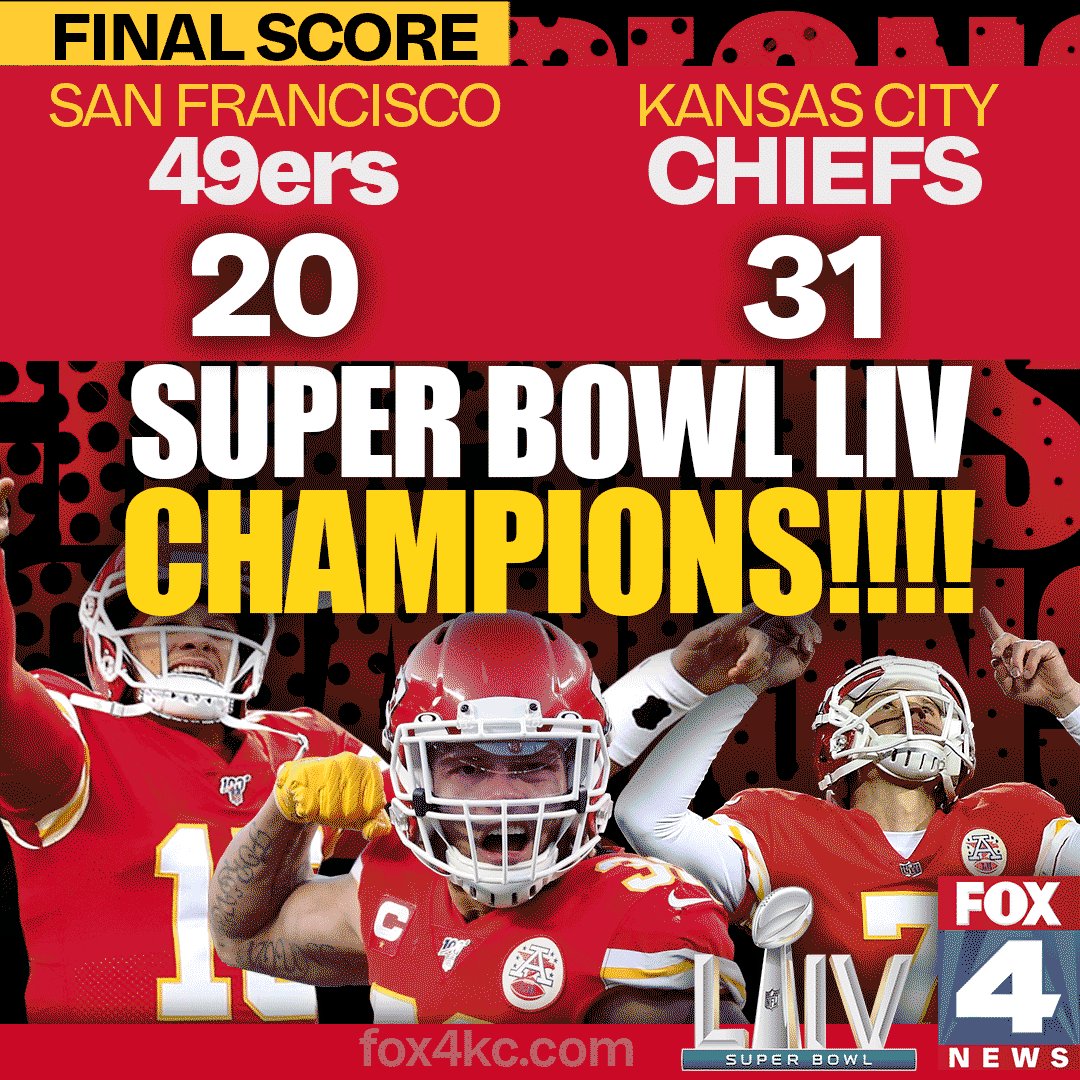 FOX4 News Kansas City on X: 'The Kansas City Chiefs are your Super Bowl LIV  Champions, everybody! #ChiefsKingdom #SuperBowl  / X