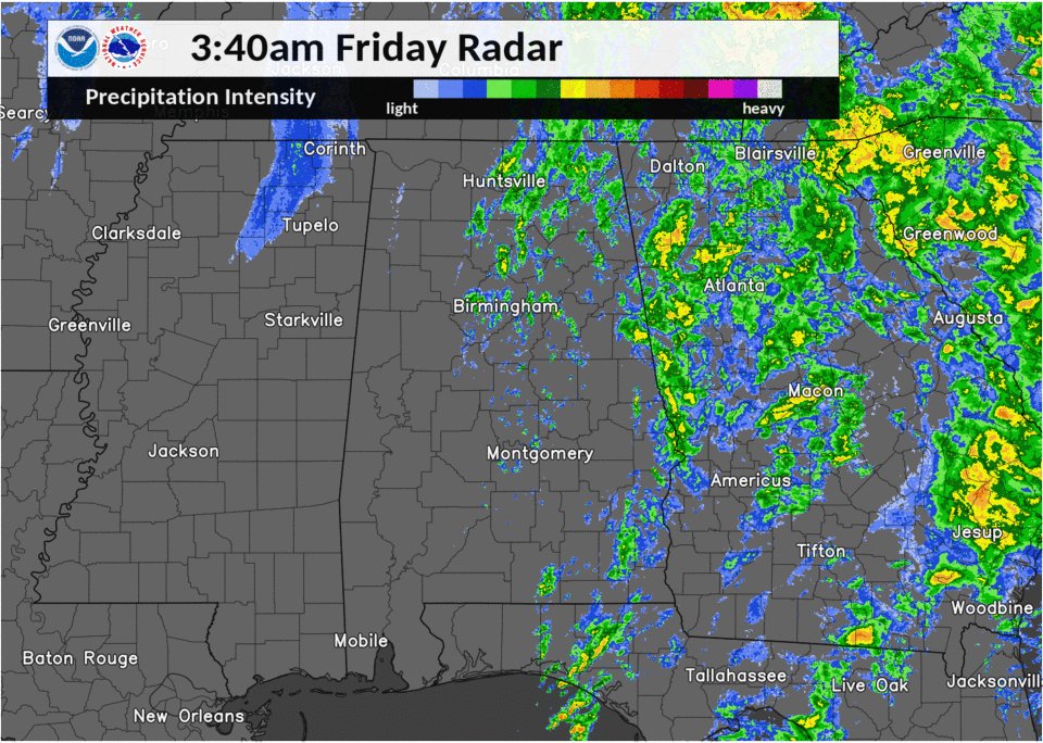 NWSBirmingham: 5:45am: Rain continues to push eastward, but widespread drizzle and fog continue to linger. We'll start to clear the fog and drizzle from west to east later on this morning. #alwx