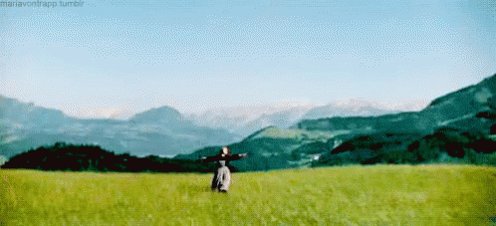 Julie Andrews twirling in a field.