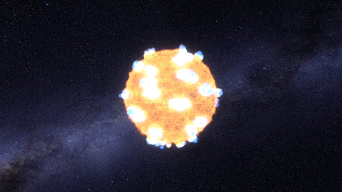 An animated gif of a star exploding. At the beginning, it’s a blotchy orange sphere with blue-white explosions coming out of it; then it blows up white and then turns into a blue expanding sphere.