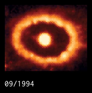 A glowing ring expanding with a bright center. The gif goes from 09/1994 to 02/2008, showing how clumps of brightness move and expand.