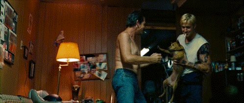 Happy birthday to the great Ben Mendelsohn. Here\s a gif of him dancing with Ryan Gosling and a dog 