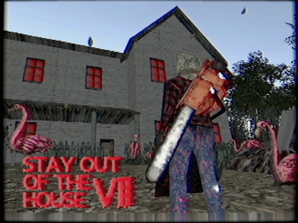 An image of the Night Shift Abductor from Puppet Combo's "Stay Out of the House." He is looking at a house with red windows while facing away from the viewer. Text on the left side of the image says "Stay Out of the House Seven."