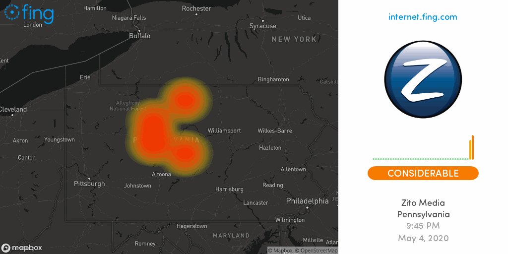 Zito Internet Outage Map Fing Internet Alert On Twitter: "⚡ Considerable Internet #Outage Detected:  #Zitomedia In #Pennsylvania Since 9:45 Pm, Impacting #Dubois #Coudersport  #Saintmarys +1 Areas 🇺🇸 Live Map And Analysis 👉 Https://T.co/Ghbw0Sc51D  #Zito_Media #Zitomediadown ...