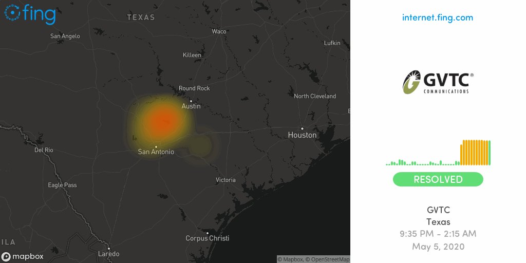 Gvtc Internet Outage Map Fing Internet Alert On Twitter: "🆗 Moderate Internet #Outage Ended: #Gvtc  In #Texas Since 9:35 Pm Resolved After 4 Hours, 40 Min, Impacting  #Canyonlake #Newbraunfels #Sanantonio +1 Areas 🇺🇸 Live Map And