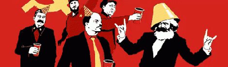 uma festa com Stalin, Fidel, Lenin, Mao e Marx.