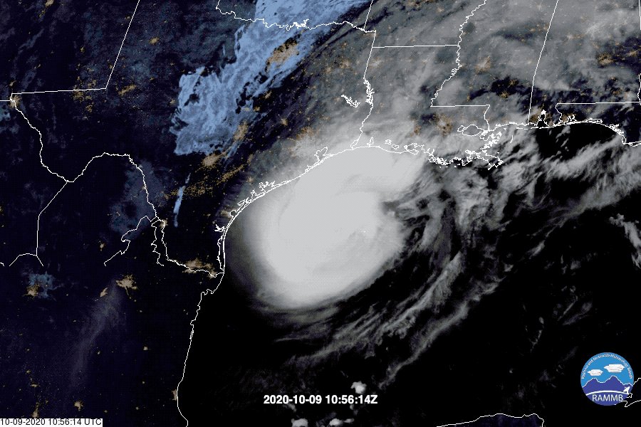 Gif of satellite image of Hurricane Delta making landfall in