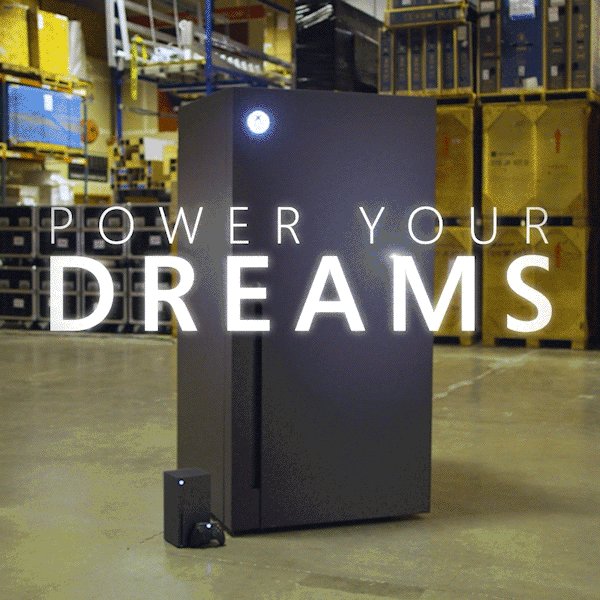 A looping GIF of the Xbox Series X fridge, with the Xbox Series X besides it for scale. The text 'Power Your Dreams' to 'Power Your Memes'. 