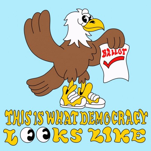 A cartoon eagle holding a sheet marked ballot flaps its wing