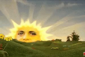 Montagem do Sol nascendo do programa Teletubbies, onde o Sol