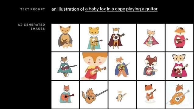 A tile of images shows a fox in a cape playing the guitar. E