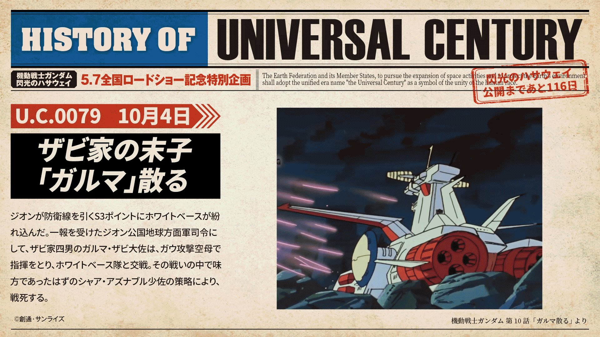 機動戦士ガンダム 閃光のハサウェイ 毎日10秒でわかる宇宙世紀 History Of Universal Century U C 0079 10月4日 ザビ家の末子 ガルマ 散る 機動戦士ガンダム 閃光のハサウェイ 21年5月7日 金 全国ロードショー 宇宙世紀0079年