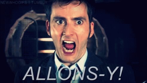 GIFje van de 10de Doctor van Dr. Who die 'Allons-y!' schreeu