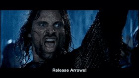 Gif: Aragorn shouting RELEASE ARROWS! and elves firing.