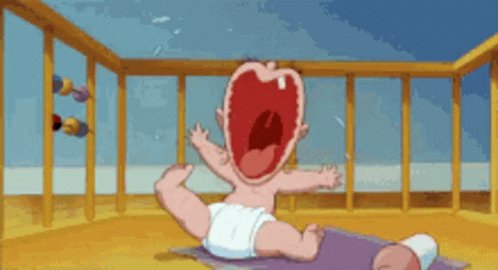cartoon baby in diaper, sitting in crib, mouth wide open, sc