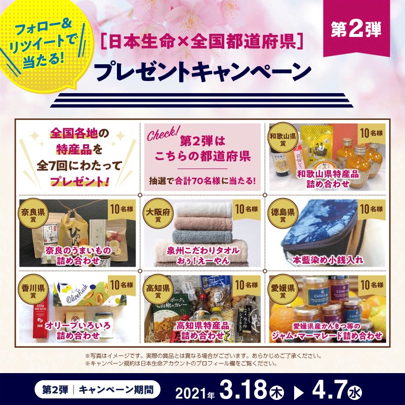 日本生命 全国の都道府県の特産品が当たる第2弾 以下から欲しい賞品の都道府県アカウントと Nissay Officialをフォロー 当記事をrt 今回は 和歌山 Tastyhealthyw 奈良 Nara Umai Plaza 大阪 Osakaprefpr 徳島 Preftokushima 香川 Ritsurinan 高知