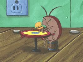 Gif from spongebob of an insect eating a burger while sittin