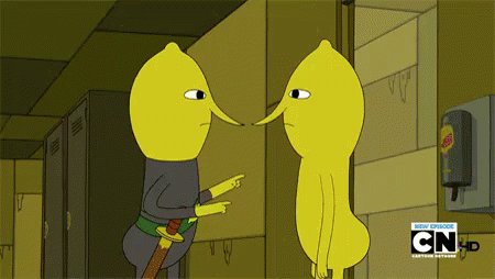 Gif from Adventure Time of two lemongrabs poking each other 