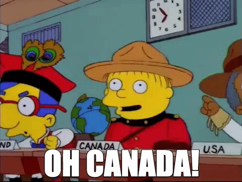 Gif dos Simpsons. Um personagem vestido de canadense numa fe