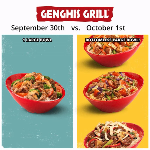 Genghis on Twitter: "Bottomless is full swing! Unlimited bowls for the price of a large bowl all October long! Tag in your pic and show us how many