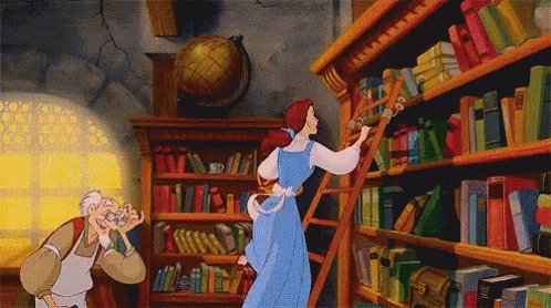 Gif de Belle, de La bella y la bestia, subida a una escalera