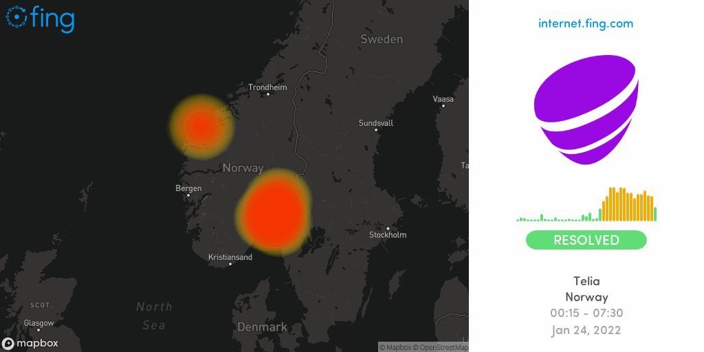 🆗 Moderate Internet #outage ended: #Telia in #Norway since 00:15 resolved after 7 hours, 15 min, impacting #Askim #Jessheim #Drammen +4 areas

🇳🇴 Get notifications with Fing Desktop
👉 https://t.co/DWSFIrxa1L

#telianorge #Teliadown #Teliaoutage #Teliaup #Norge #EarlyMorning https://t.co/82nkoUCxeV