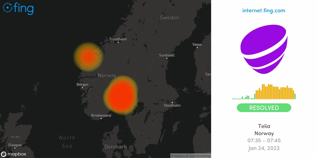 🆗 Moderate Internet #outage ended: #Telia in #Norway since 07:35 resolved after 10 min, impacting #Askim #Jessheim #Drammen +3 areas

🇳🇴 Get notifications with Fing Desktop
👉 https://t.co/DWSFIrxa1L

#telianorge #Teliadown #Teliaoutage #Teliaup #Norge #EarlyMorning https://t.co/ySqPvcC3Pl