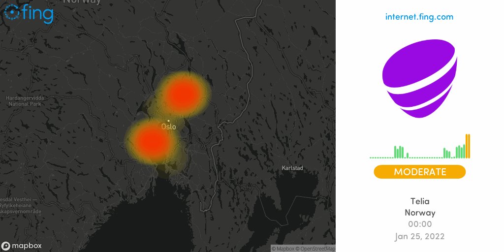 ⚡ Moderate Internet #outage detected: #Telia in #Norway since 00:00, impacting #Drammen #Jessheim #Oslo +1 areas

🇳🇴 Live map and analysis
👉 https://t.co/HQB7EjfcKn

Retweet if down for you too
#telianorge #Teliadown #Teliaoutage #nointernet #Norge #night https://t.co/FwkJ25GHhm