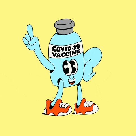 A COVID vaccine vial with a face, arms, and legs smiling and