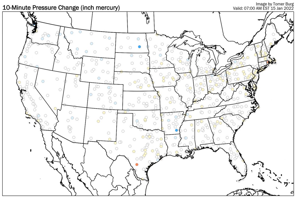tomer burg on twitter using 5 minute asos data nationally i constructed a loop of 10 minute pressure change showing the shockwave from the volcanic eruption progressing through the united states this morning https t co be2kwmmtnh
