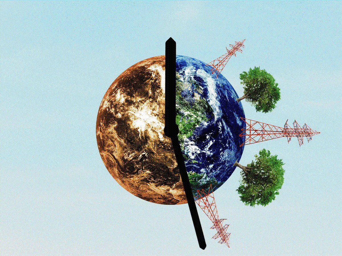 A gif of the hands of a clock ticking around the earth to re