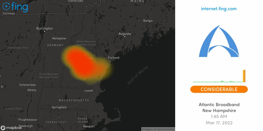 Atlantic Broadband Internet Outage Map تويتر \ Fing Internet Alert على تويتر: "⚡ Considerable Internet #Outage  Detected: #Atlanticbroadband In #Newhampshire Since 1:45 Am, Impacting  #Franklin #Bristol #Gilmanton +3 Areas 🇺🇸 Live Map And Analysis 👉  Https://T.co/Klsmupqfcm #Atlanticbbinc #