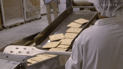 GIF; many matzo squares fall down a production line while a 