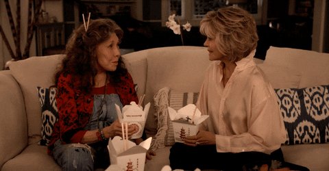 A scene from the show: Grace and Frankie.  Two older women i