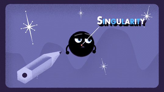 An animated black hole watches as a pencil draws a dashed ci